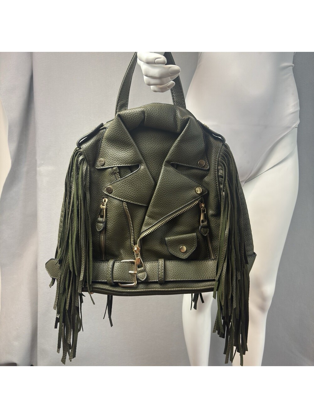 Motorcycle Jacket Backpack Purse With Green Fringe